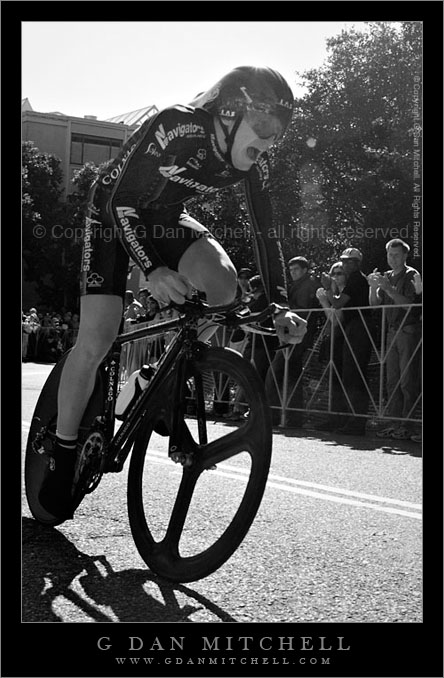 02CalTourProlog2007|02|18: Prologue Stage, Amgen Tour of California. San Francisco, California. February 18, 2007. &copy; "Copyright G Dan Mitchell". ("sales")    keywords: amgen tour of california prologue time trial stage san francisco coit tower telegraph hill 50 meter finish line bicycle racer cyclist black and white photograph