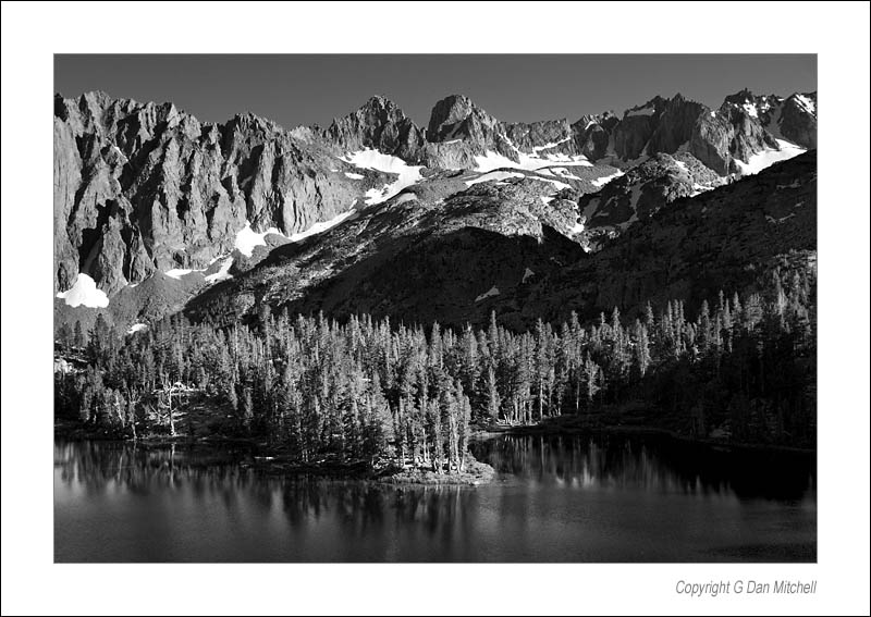 LakeFourPeninsulaBW2006|08|09: Peninsula, Big Pine Creek Lake Four. Sierra Nevada Range. August 9, 2006. &copy; "Copyright G Dan Mitchell".    keywords: peninsula lake four big pine creek palisades mount sill mount bayley palisade glacier sierra nevada black and white photograph