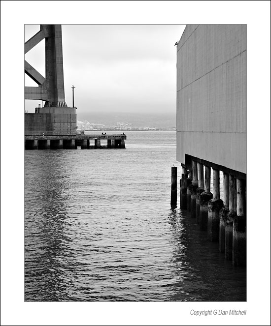 BridgePierBW2006|08|25: Bridge, Pier, Bay. San Francisco, California. August 25, 2006. &copy; "Copyright G Dan Mitchell".    keywords: san francisco bay bridge pier building embarcadero pilings california black and white photograph