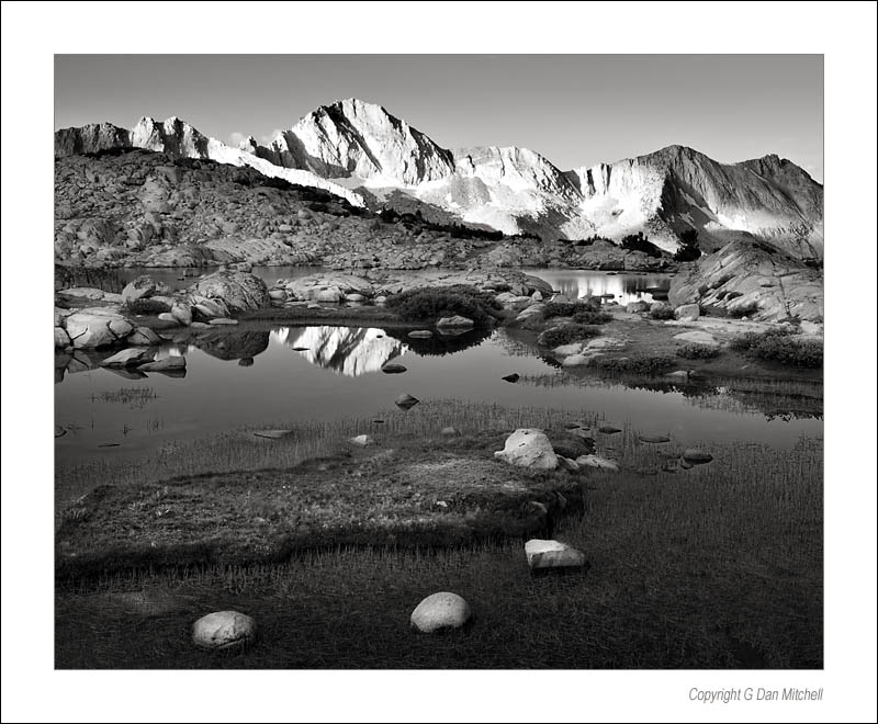 DawnLakeRocksDusyBW2005|08|14: Dusy Basin, Dawn. Sierra Nevada Range, California. August 14, 2005. © Copyright G Dan Mitchell.