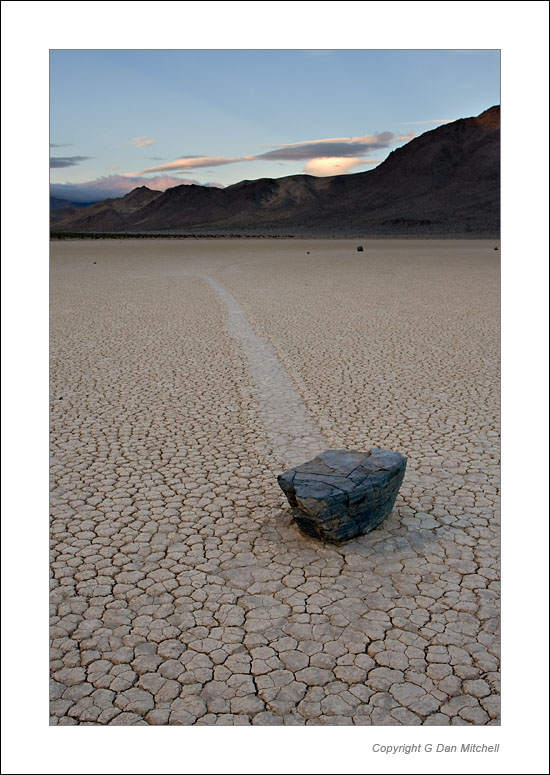 DawnRacetrackRock2006|04|03: Dawn, Racetrack Playa Rock. Death Valley National Park. April 3, 2006. &copy; Copyright G Dan Mitchell.