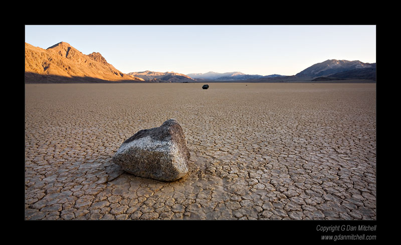 DawnRacetrackRocks2007|04|03: Dawn, Racetrack Playa. Death Valley National Park. April 3, 2007. &copy; "Copyright G Dan Mitchell". ("sales")    keywords: dawn racetrack playa death valley national park sunrise moving rocks california color photograph
