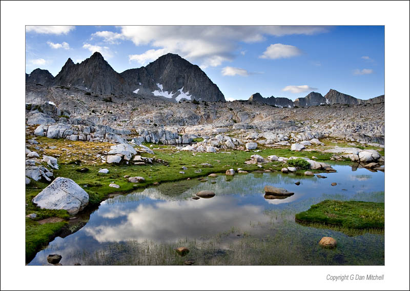 DusyMornReflection2005|08|14: Dusy Basin, Morning Reflection. Sierra Nevada Range, California. August 14, 2005. © Copyright G Dan Mitchell.