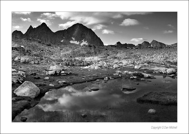 DusyMornReflectionBW2005|08|14: Dusy Basin, Morning Reflection. (Black and White) Sierra Nevada Range, California. August 14, 2005. © Copyright G Dan Mitchell.