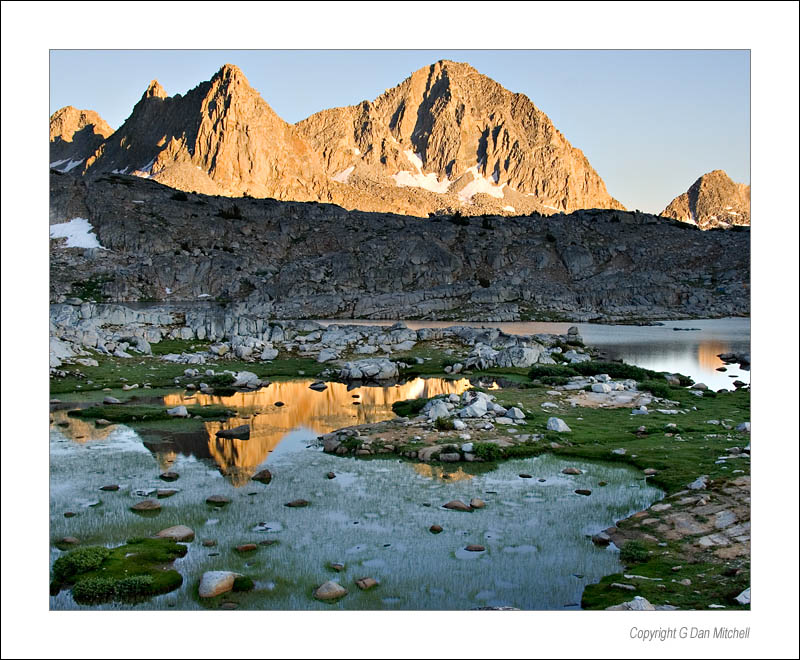 DusySunset2005|08|12: Sunset, Dusy Basin. Sierra Nevada Range, California. August 12, 2005. © Copyright G Dan Mitchell.