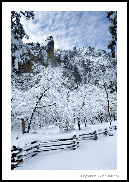 FenceSnowYosemite2006|03|04: Fence and Snow. Yosemite Valley. March 4, 2006. © Copyright G Dan Mitchell.