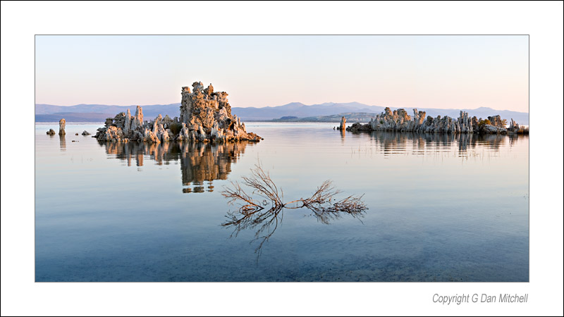 MonoDawnTufaPano2006|09|10: Dawn, South Tufa. Mono Lake, California. September 10. 2006. &copy; "copyright g dan mitchell".    keywords: south tufa towers mono lake dawn sunrise early morning california color photograph