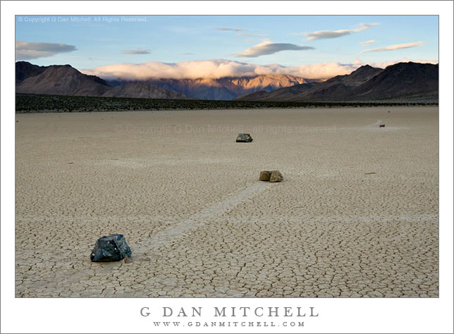 RacetrackDawnRocks2006|04|03: Racetrack Playa Rocks, Dawn. Death Valley National Park. April 3, 2006. &copy; Copyright G Dan Mitchell.