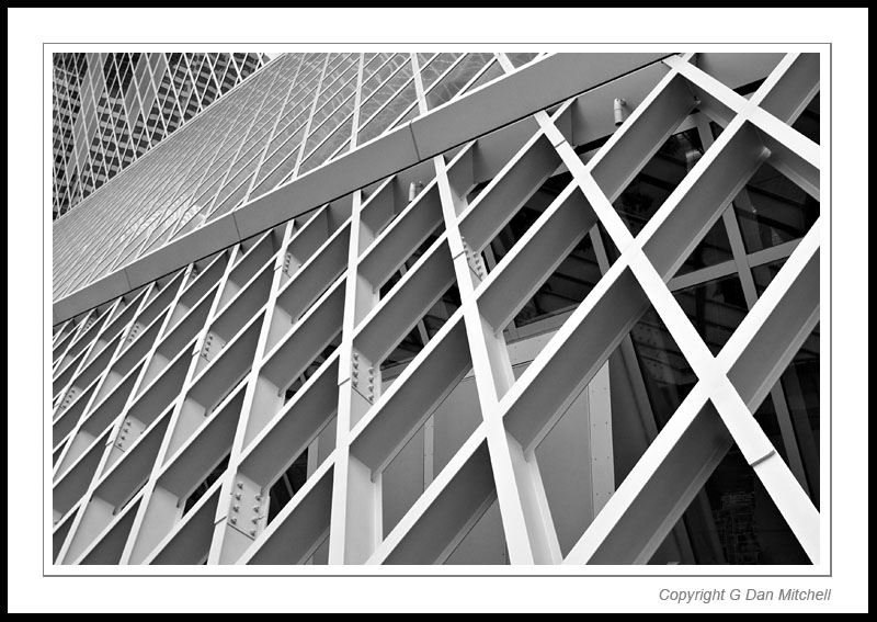 SeattleLibrary01BW2006|01|04: Seattle Public Library #1. January 4, 2006. © Copyright G Dan Mitchell.