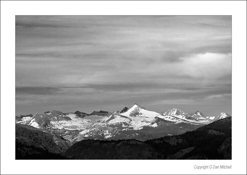 SierraCrestSunset2006|06|11: Sunset, Sierra Crest. Glacier Point, Yosemite National Park. June 11, 2006. © Copyright G Dan Mitchell.