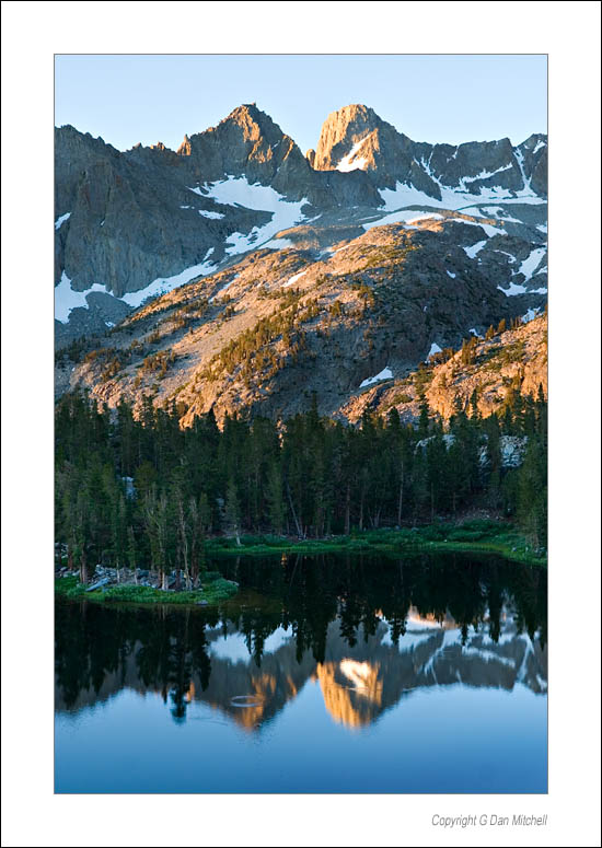 SillBayleyFourthLake2006|08|12: Sunrise, Big Pine Creek Lake #4. Sierra Nevada Range. August 12, 2006. &copy; "Copyright G Dan Mitchell".    keywords: big pine creek lake #4 sunrise mount sill mount bayley palisade glacier sierra nevada range color photograph reflections