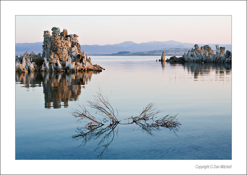 SouthTufaDawn2006|09|10: South Tufa, Dawn. Mono Lake, California. Septemer 10, 2006. &copy; "Copyright G Dan Mitchell".    keywords: south tufa towers dawn sunrise plant bush water mono lake california color photograph