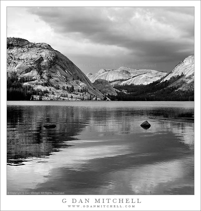TenayaReflectionBW2006|07|24: Tenaya Lake Reflections. Yosemite National Park. July 24, 2006. &copy; Copyright G Dan Mitchell.    keywords: tenaya lake tioga road yosemite national park clouds rocks evening reflection black and white photograph
