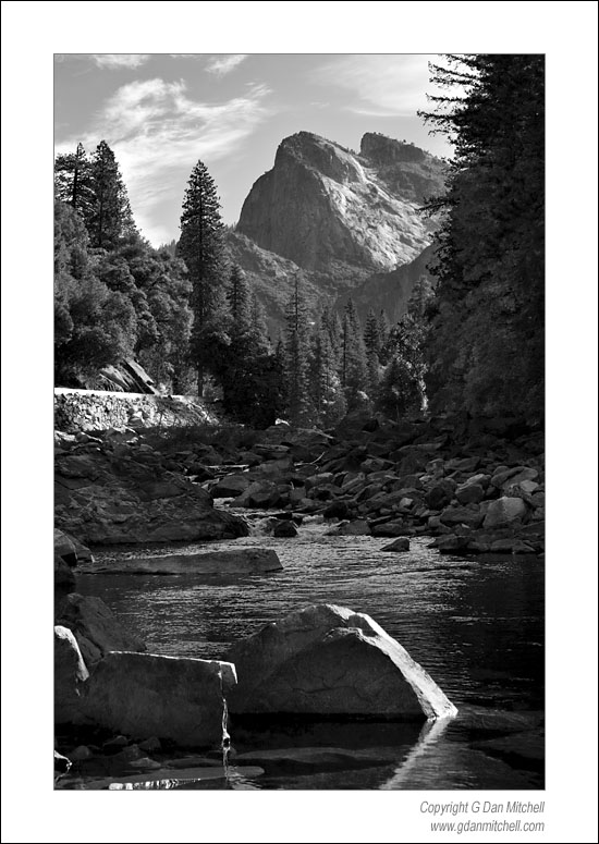 ThreeBrosMercedBW2006|10|22: Three Brothers, Merced River. Yosemite National Park. October 22, 2006. &copy; "Copyright G Dan Mitchell". ("sales")    keywords: merced river canyon yosemite valley rocks yosemite national park sierra nevada black and white photograph