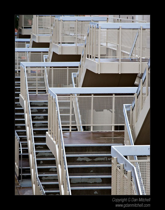 UCLAStairs207|01|27: Stairs. University of California, Los Angeles. January 27, 2007. &copy; "Copyright G Dan Mitchell". ("sales")    keywords: stairs rain ucla university of california los angeles black and white photograph