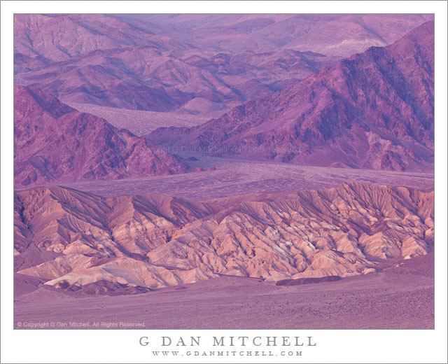 Kit Fox Hills and Death Valley Buttes, Dusk - Post-sunset light on the Kit Fox Hills, Death Valley Buttes, and the slopes of the Grapevine Mountains, Death Valley National Park
