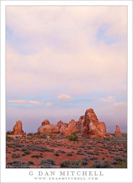 Sandstone Towers, Evening Sky Sandstone Towers, Evening Sky - Evening clouds above sandstone towers and desert terrain, Arches National Park