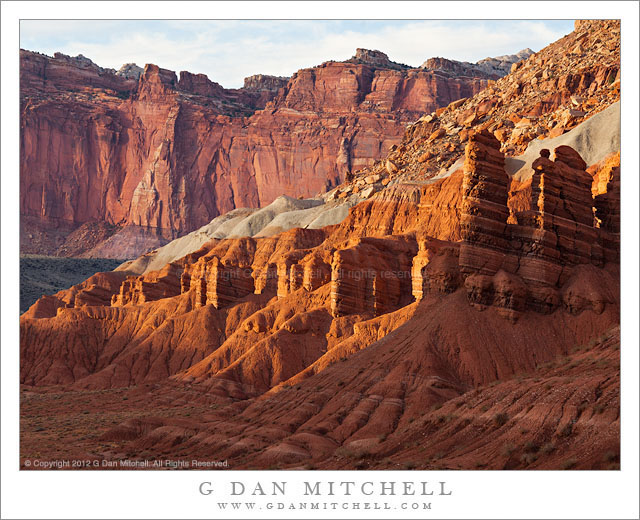 Sandstone Towers and Cliffs - Sandstone towers and cliffs in evening light, Capitol Reef National Park